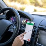 Femme utilisant la navigation ou le GPS sur un smartphone mobile, consultant une carte de localisation en ligne via un smartphone lors d'un voyage.